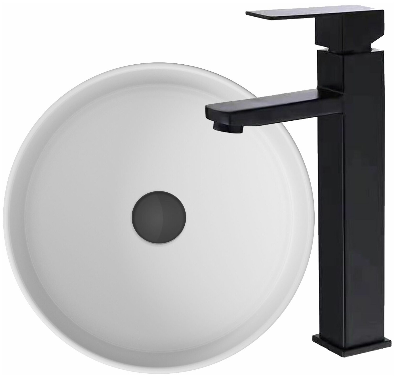 Раковина накладная со смесителем (BAU Dream круглая D41, белая + смеситель для раковины высокий Hotel Black, черный)