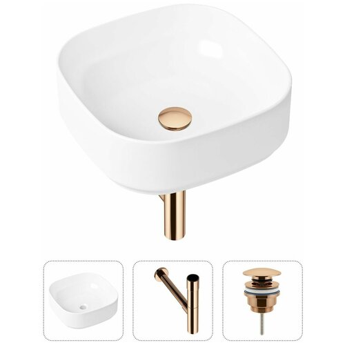 Накладная раковина в ванную Lavinia Boho Bathroom Sink Slim 21520248 в комплекте 3 в 1: умывальник белый, донный клапан и сифон в цвете розовое золото