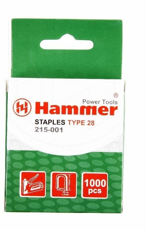 Скобы для строительного степлера Hammer Flex 215-001 12мм, ширина 5мм, сечение 1.2мм, U-образные (тип 28) 1000шт.