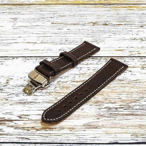Часовой ремешок ручной работы шириной 22 мм из натуральной итальянской кожи КРС, тёмно-коричневый, белая нить