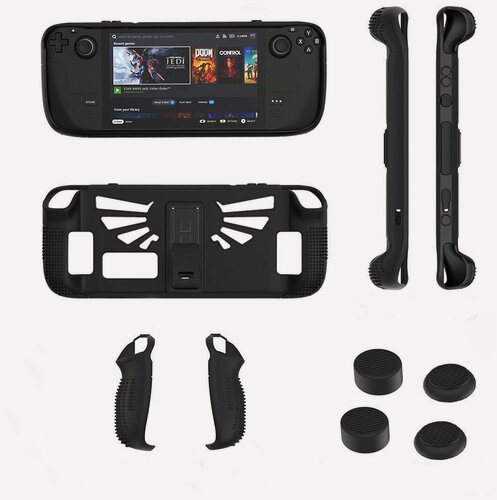 Изображение товара Силиконовый чехол для Steam Deck с силиконовыми накладками на джойстики и подставкой 2в1 (Черный)