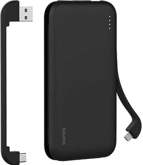 Внешний аккумулятор Solove Power Bank 10000mAh Dual USB/Type-C со встроенными двумя кабелями USB/Type-C и Lightning (W7 Back), черный