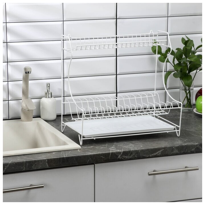фото Сушилка для посуды с поддоном 2-х ярусная, настольно-настенная, 39,5x25x38 см, цвет белый