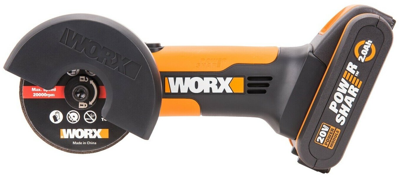 Угловая шлифмашина аккумуляторная Worx WX801, 76 мм, 20 В, АКБ 2,0 А*ч, ЗУ 2,0 A, кейс