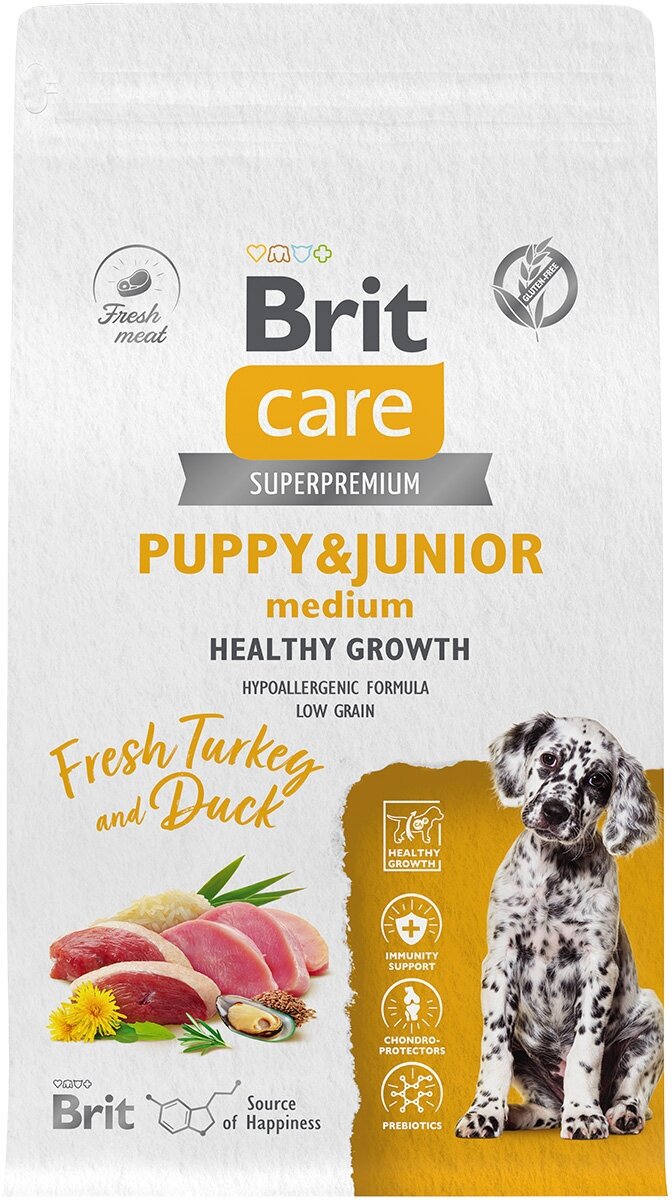 BRIT CARE DOG PUPPY & JUNIOR MEDIUM HEALTHY GROWTH для щенков средних пород с индейкой и уткой (1,5 кг)