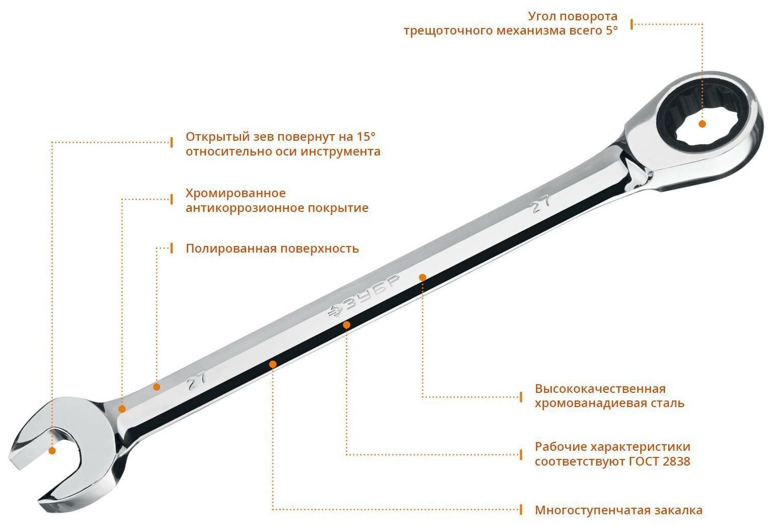 Комбинированный трещоточный ключ ЗУБР - фото №5