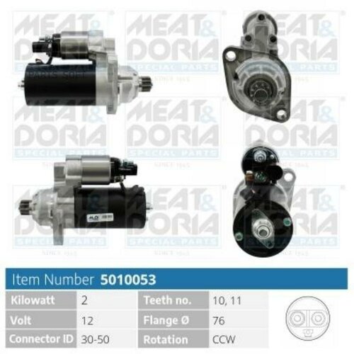 MEAT&DORIA 5010053 M_стартер! 12V 2.0Kw 10,11T\ Audi A3, VW Touran Crafter/Golf 1.9-2.0TDI 04-08