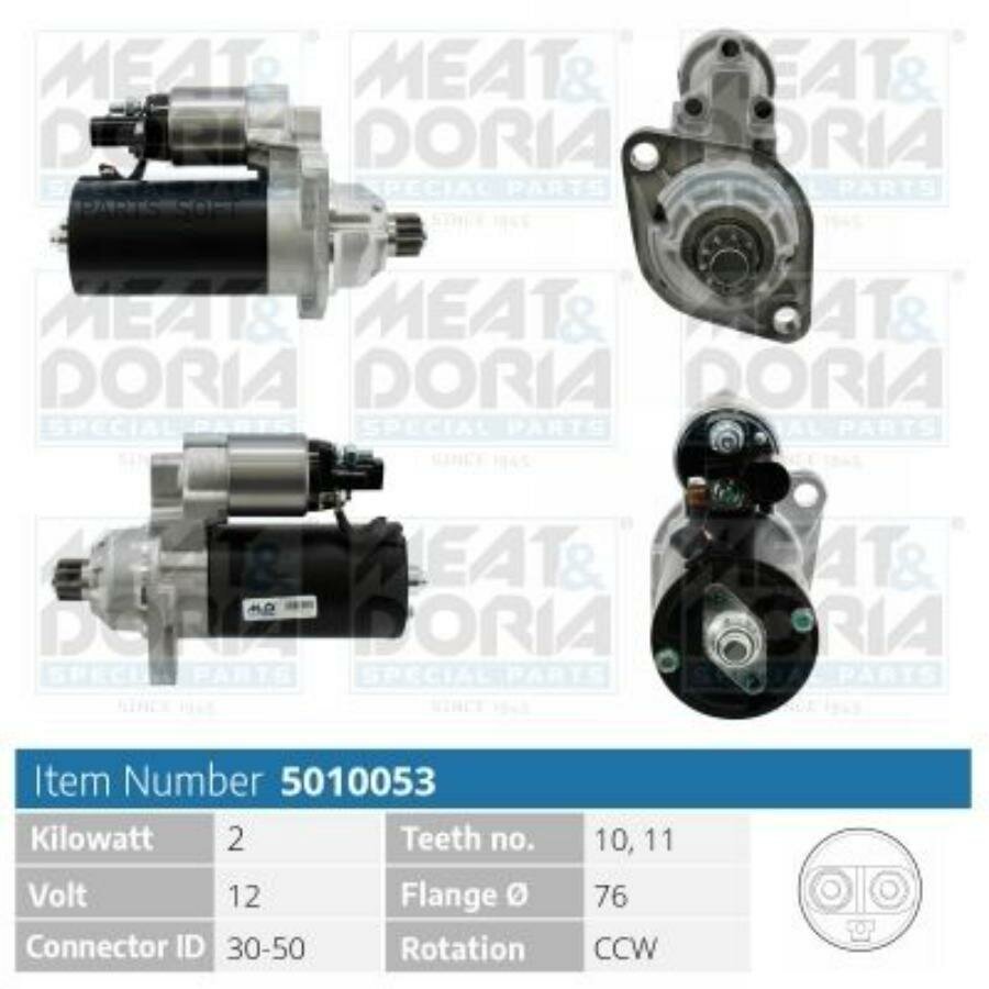 MEAT&DORIA 5010053 5010053M_стартер! 12V 2.0Kw 10,11T\ Audi A3, VW Touran Crafter/Golf 1.9-2.0TDI 04-08