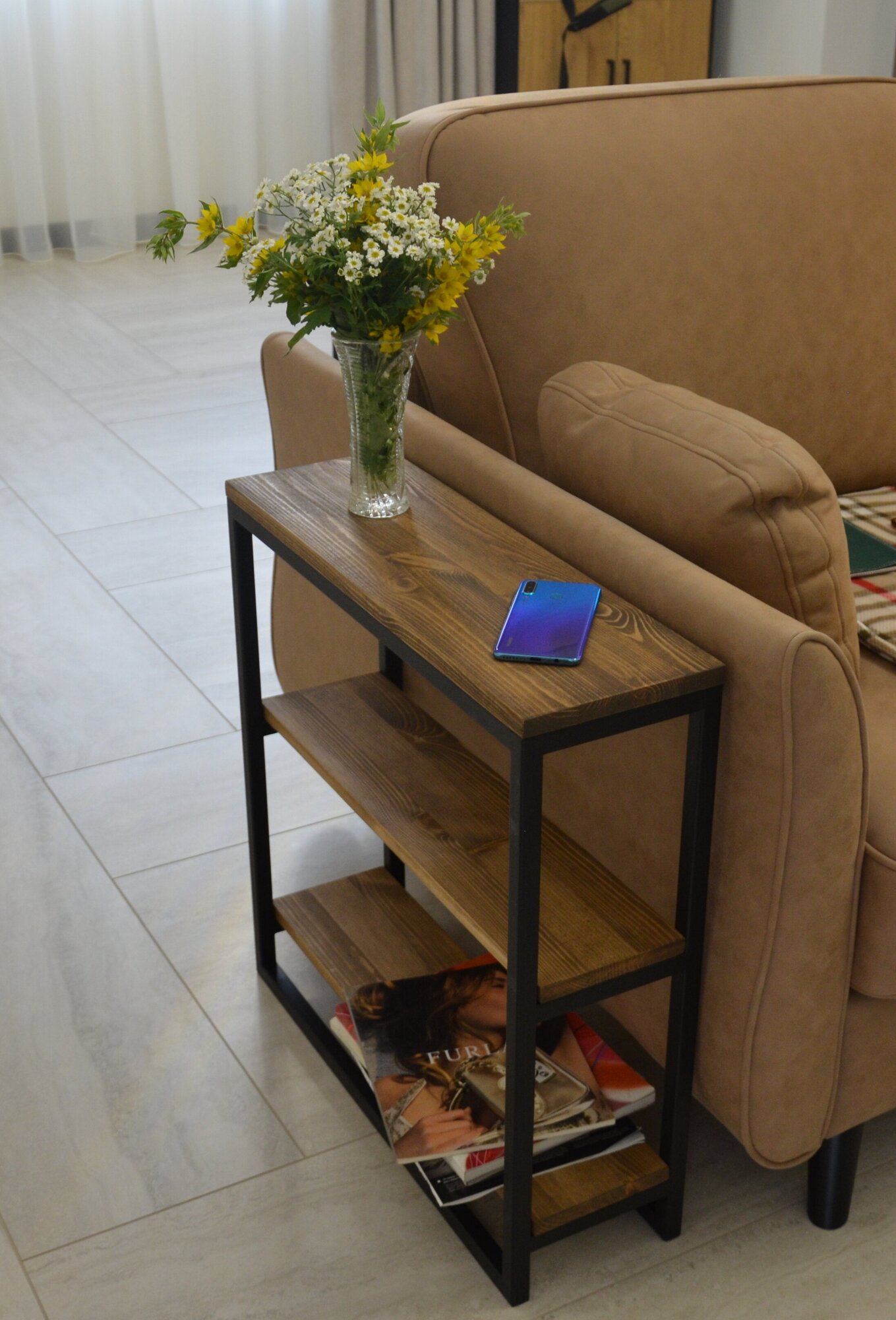 Журнальный столик Лофт для гостиной, консольный столик, приставной столик 19x60x62 см орех