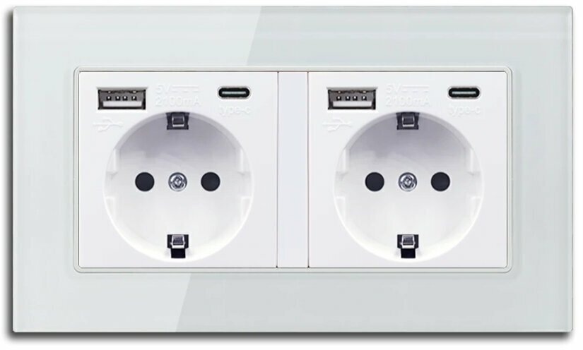 фото Электрическая розетка двойная DiXiS 2 Gang Socket с портами 2 USB / 2 Type-C EU (86x146) - Белая (TKEUC-2)