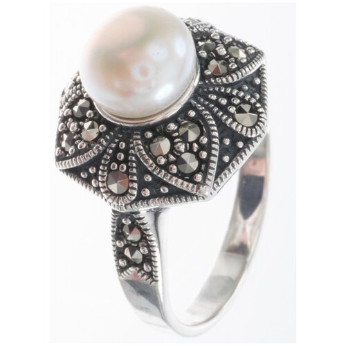 фото Марказит кольцо с жемчугом и марказитами из серебра hr1221, размер 19