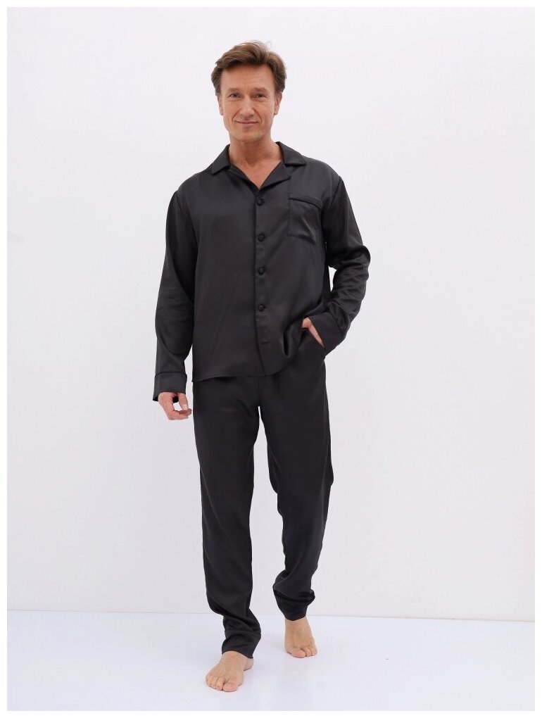 Пижама мужская домашняя (тенсель), комплект с брюками и рубашкой, Цвет черный, Размер 52 - фотография № 1