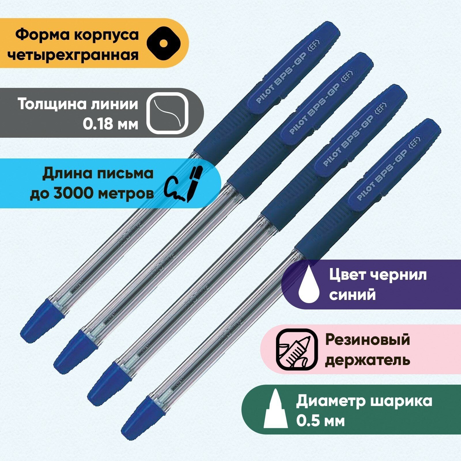 Набор ручек шариковых BPS-GP, резиновый упор, 0.5 мм, масляная основа, стержень синий, 4 штуки