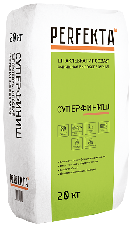 Россия Шпатлевка гипсовая финишная высокопрочная суперфиниш белая, 0-2мм, 20кг (70) PERFEKTA (95845)