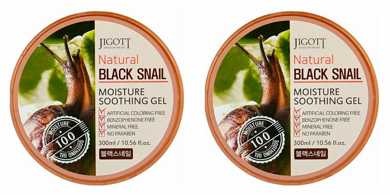 Jigott Гель для тела увлажняющий Natural Black Snail Moisture Soothing Gel, с Муцином черной улитки, регенерирующий, 300 мл, 2 шт.