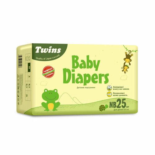 Подгузники детские Twins, NB, до 5кг, 25 шт + внутри Салфетки Twins 10 шт