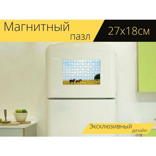 Магнитный пазл Лошади, пара, дикие лошади на холодильник 27 x 18 см.