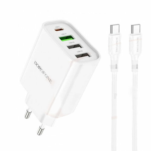 Блок питания сетевой 3 USB, Type-C Borofone BA79A, Clever, кабель Type-C, цвет: белый