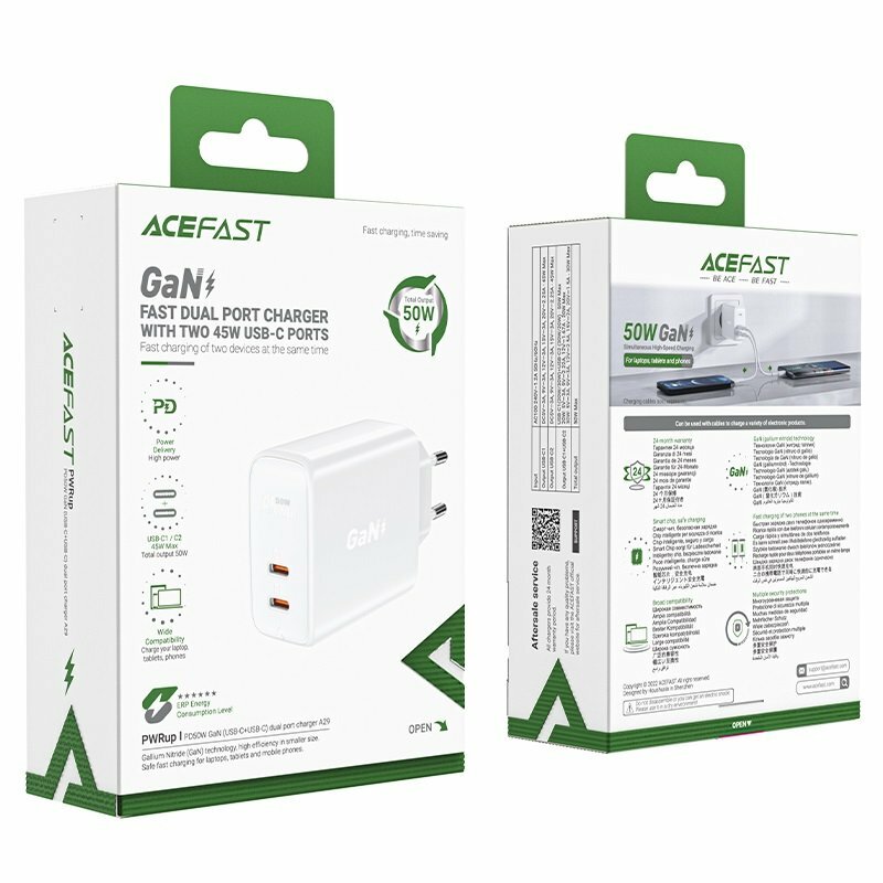 Зарядное устройство сетевое ACEFAST PD50W GaN USB-C+USB-C dual port charger (EU). Цвет: белый - фото №6