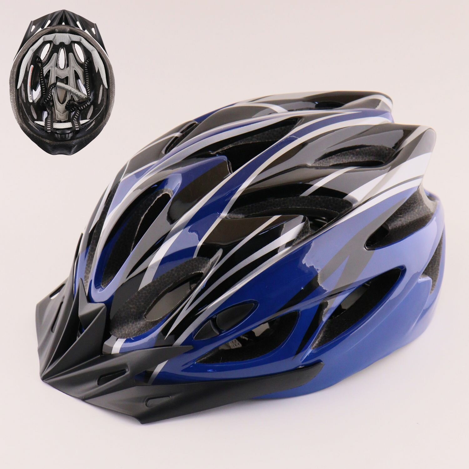 Шлем велосипедный (глянцевый, size: L (57-62см) сини-черный, +козырек)