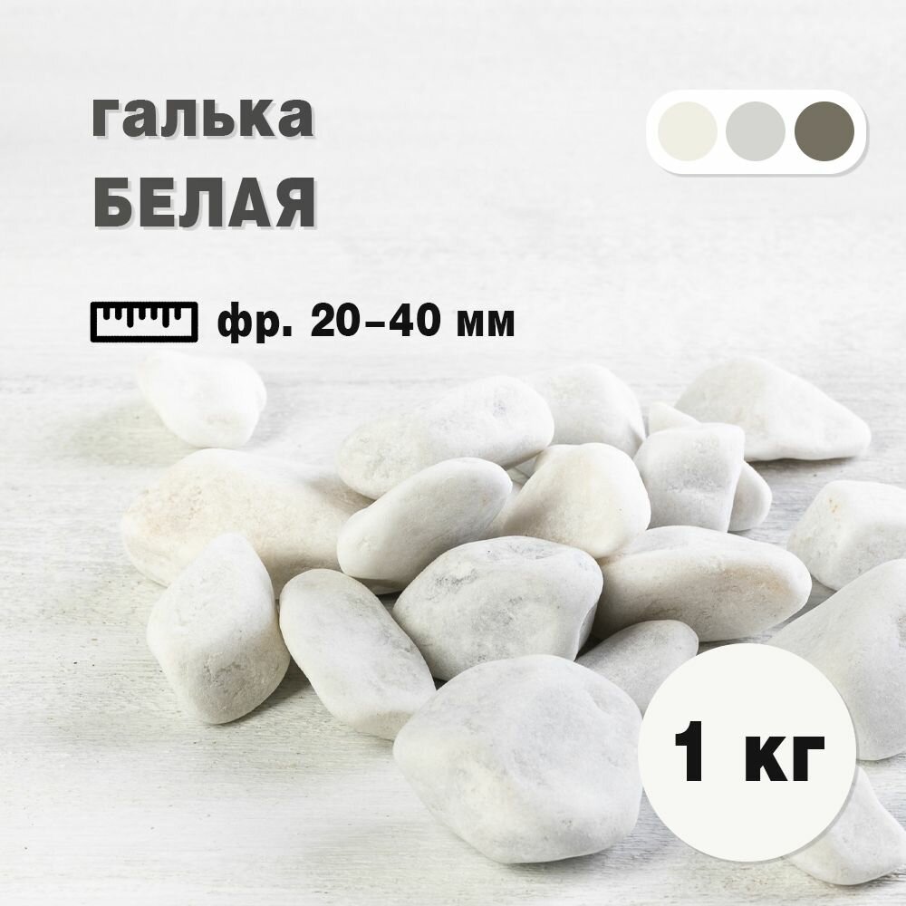 Камень декоративный Галька белая фракция 20-40 мм 1 кг. Грунт для аквариума (318)