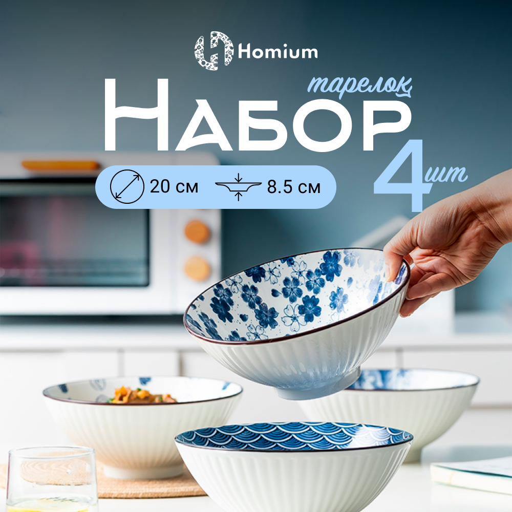 Набор суповых тарелок Homium, Japanese Collection, Очарование, глубокие, 4шт, цвет белый/синий, D20см