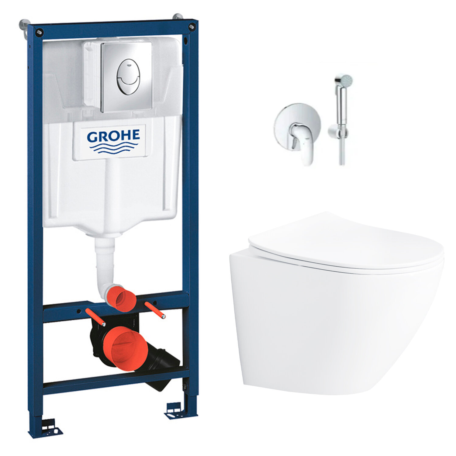 фото Инсталляция с подвесным унитазом Helmken 35490101 комплект 11 в 1: унитаз подвесной безободковый, сиденье микролифт, инсталляция Grohe с кнопкой смыва и гигиеническим душем