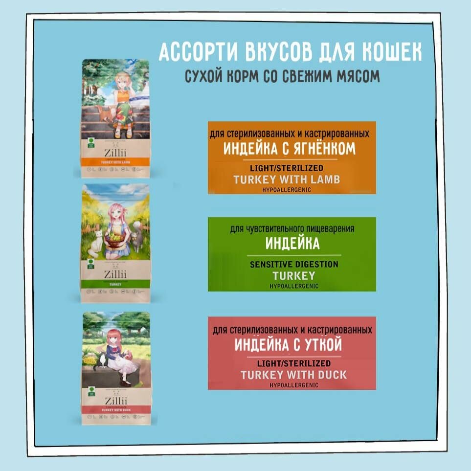 Сухой корм для кошек, ZILLII (Зиллии), 1,2 кг (3 шт. х 400 г) Индейка, Ягнёнок, Утка комплект ассорти — фото 1