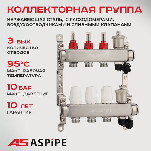 Изображение товара Коллекторная группа ASPiPE (AS-K002) 1"x3/4" на 3 выхода с расходомерами, воздухоодводчиками и дренажными клапанами, нержавеющая сталь