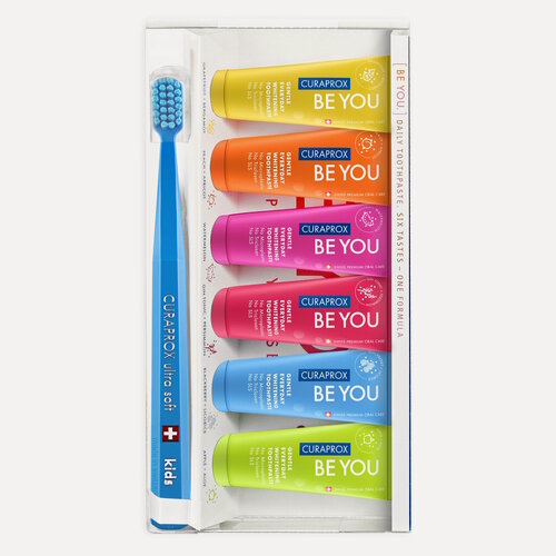 Изображение товара BE YOU Набор зубных паст Шесть вкусов, 6х10 ml + Зубная щетка Kids (синяя)