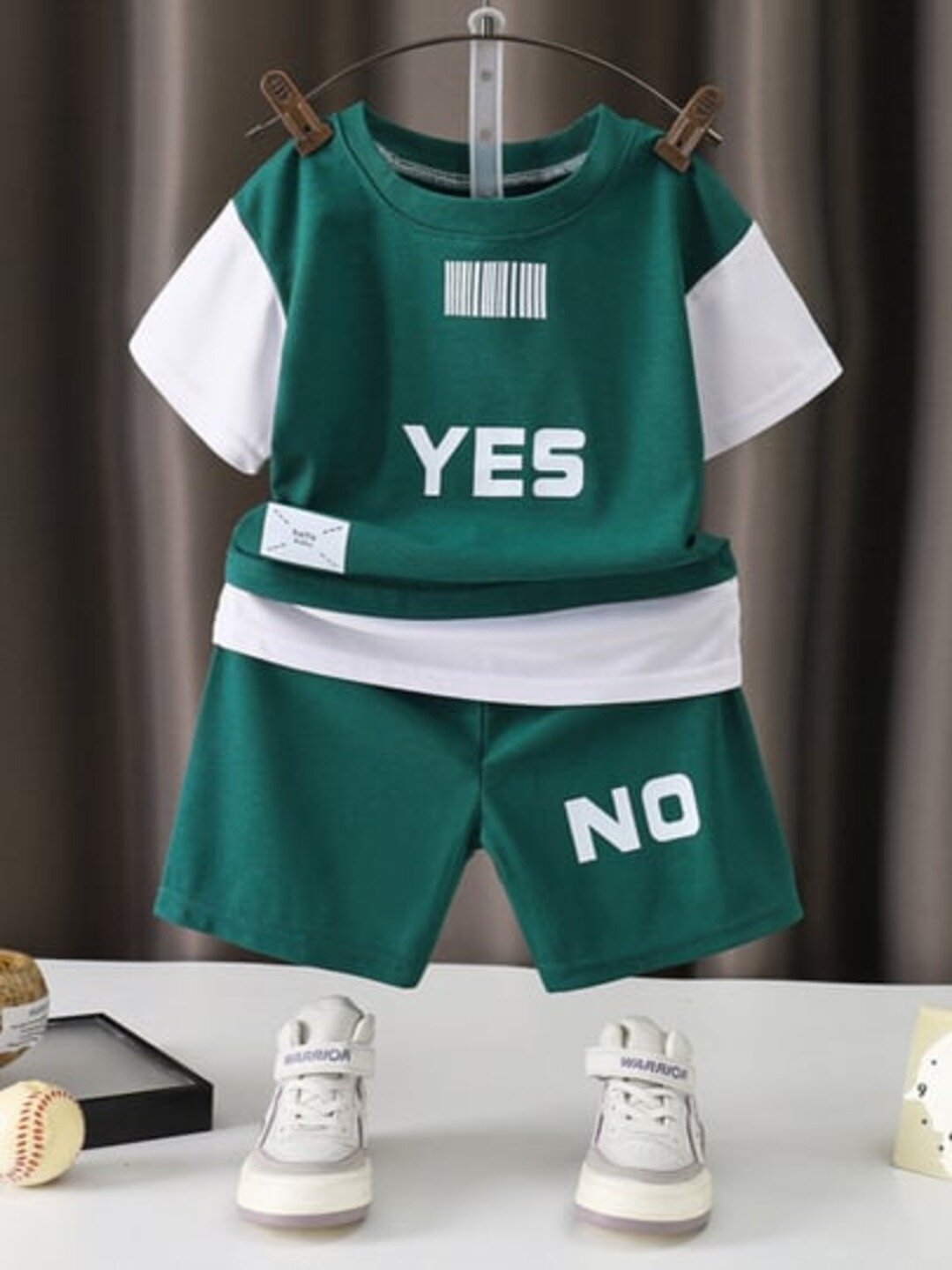 Детский комплект YES/NO, футболка и шорты из бамбука, синий/серый/зелёный — фото 1