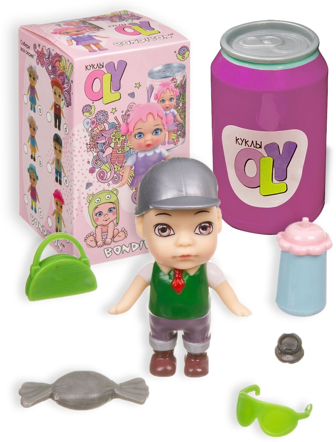 Набор игровой Bondibon куколка OLY в кепке/в шляпе и аксессуарами в банке, мальчик