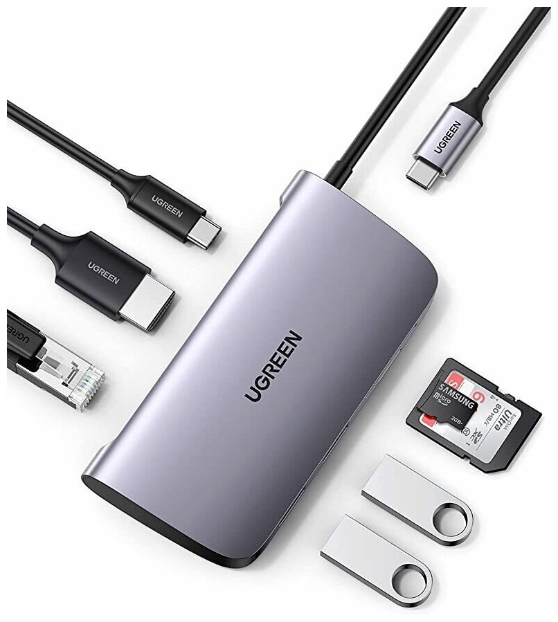 UGREEN. USB концентратор 7 в 1 (хаб), 2 x USB 3.0, HDMI, RJ45, SD/TF, PD (50852)