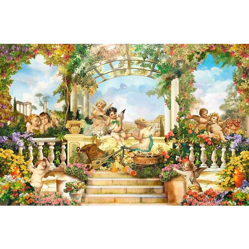 Моющиеся виниловые фотообои GrandPiK Живопись Купидон в райском саду, 400х260 см