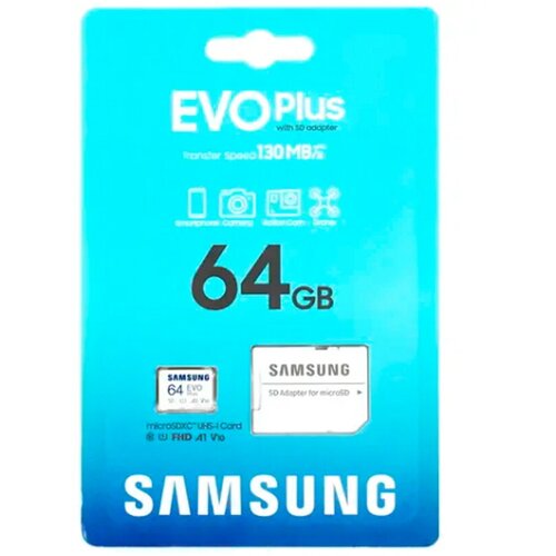 Карта памяти microSD 64Gb Samsung, EVO PLUS, Class10 UHS-I U1, R/W 130MB/s, с адаптером карта памяти samsung microsdxc evo plus class10 uhs i u3 130mb s 256gb adp