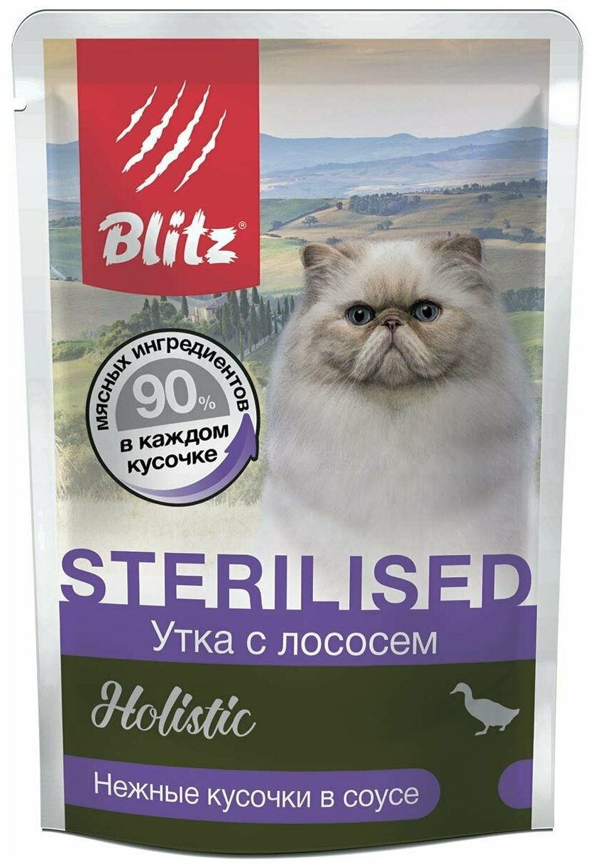 Влажный корм для кошек Blitz Holistic Sterilised, утка с лососем кусочки в соусе (85 г х 24 шт) - фотография № 2