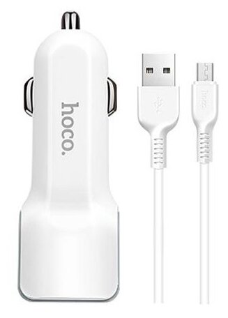 Автомобильное зарядное устройство с 2 USB HOCO Z23, 2.4A + кабель micro USB, white