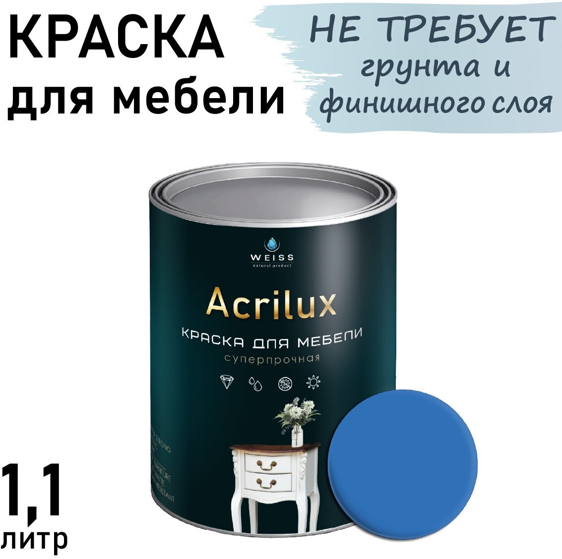 Краска Acrilux для мебели 1.1л RAL 5012, для кухонных фасадов, для декора, для творчества, моющаяся. без запаха