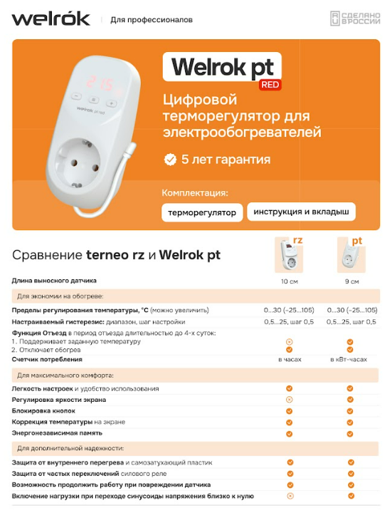 Терморегулятор для обогревателя Welrok PT red, розеточный универсальный