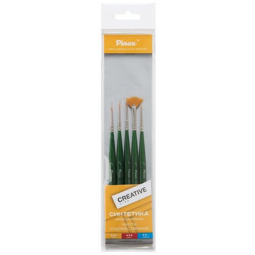 Pinax Creative, синтетика универсальная, с длинной ручкой, медная обойма, 5 шт., блистер, зеленый
