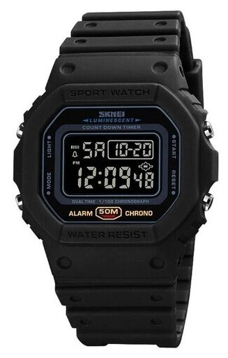 Часы спортивные SKMEI-1628 черный, с секундомером, будильником, таймером, водонепроницаемые, скмей