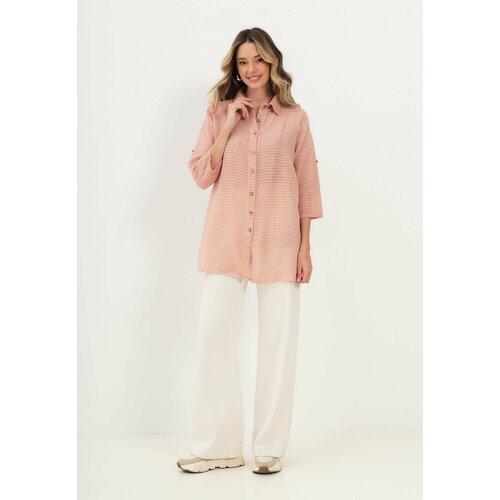 фото Рубашка luisa moretti, повседневный стиль, прямой силуэт, укороченный рукав, без карманов, однотонная, размер 42/44, розовый