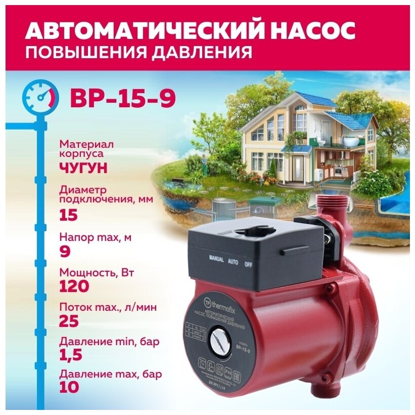 Насос повышающий давление Thermofix ВР-15-9 (0,12 кВт,25 л/мин напор 9м)/ автоматический насос повышения давления - фотография № 4