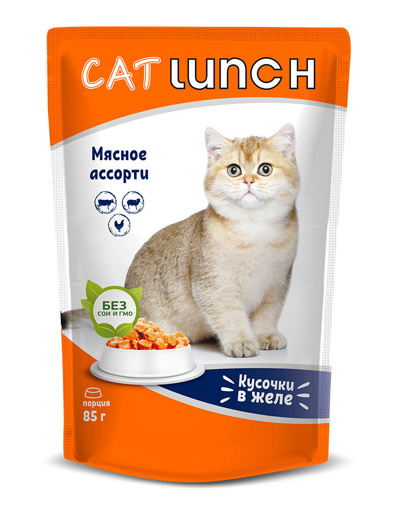 Cat Lunch пауч для кошек кусочки в желе Мясное ассорти 85г
