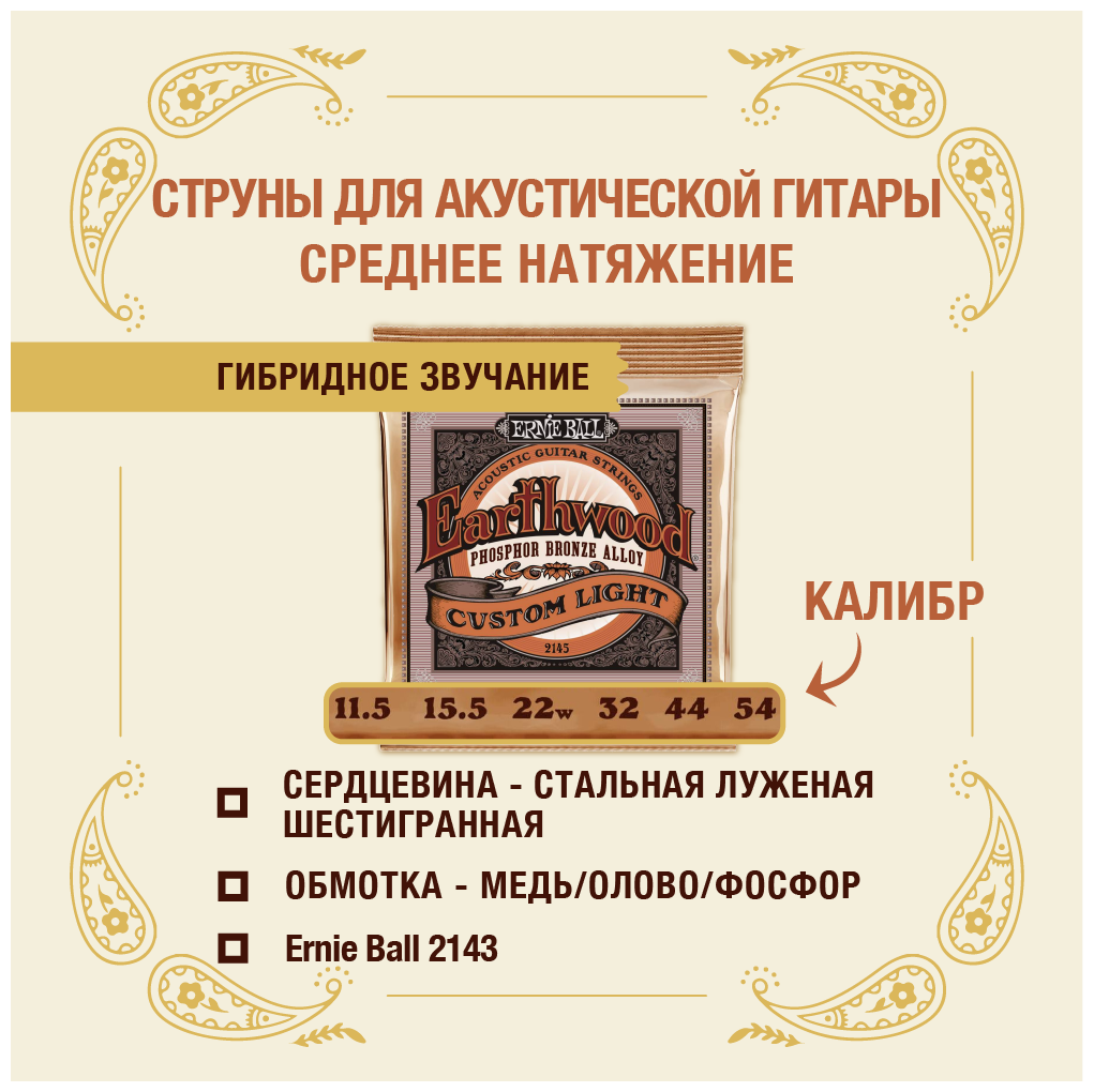 ERNIE BALL 2143 - струны для акустической гитары Phosphor Bronze Custom Medium (12.5-56)