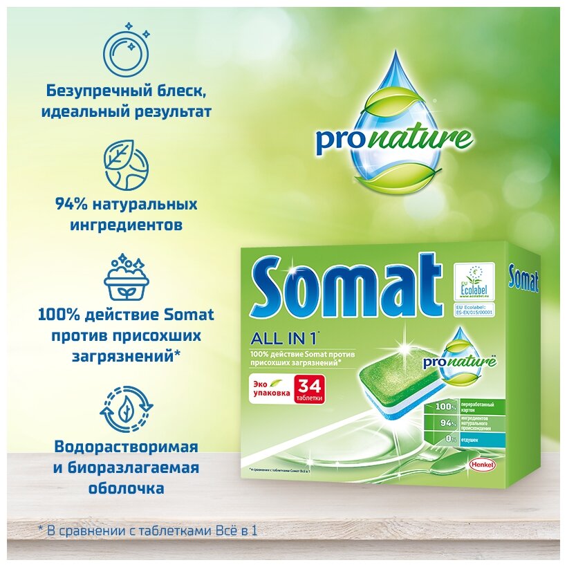 Таблетки для посудомоечной машины Somat All in 1 ProNature, 34 шт., 0.54 кг, коробка - фотография № 3