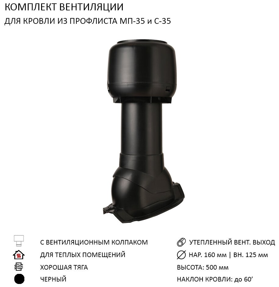Комплект вентиляции: Колпак D160, вент. выход утепленный высотой Н-500, для кровельного профнастила 35мм, черный - фотография № 1