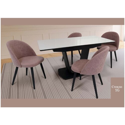 Обеденная группа Бергамо-1 110(140)х70х75 см стекло белый cristal + стулья Капри-4 пыльная роза