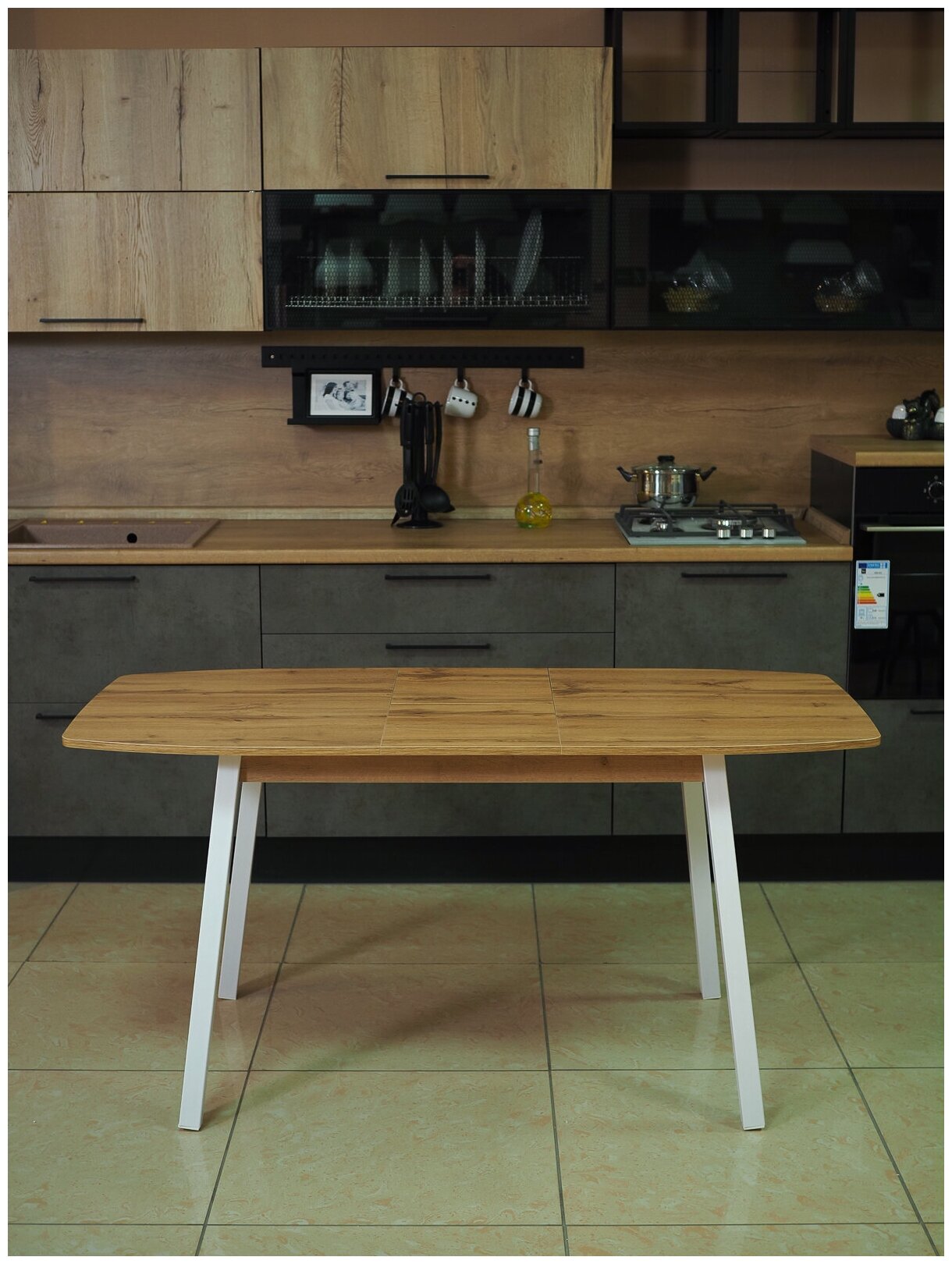 Стол кухонный Лион, дуб вотан на белых опорах, 120/152x70x75 см. - фотография № 6