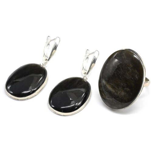 Комплект бижутерии Радуга Камня: серьги, кольцо, амазонит, размер кольца 18.5, коричневый, черный